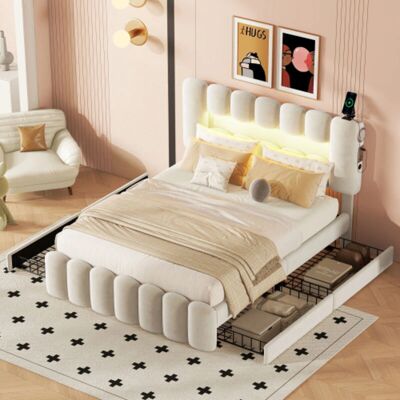 OKWISH Letto imbottito 140x200 - beige - 4 cajones - LED OKWISH Letto imbottito 140x200 - beige - 4 cajones - LED