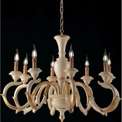 Lámpara de araña de madera en marfil y hoja de oro Bonetti Illumina - 8 luces - Estilo provenzal clásico Lámpara de araña de madera en marfil y hoja de oro Bonetti Illumina - 8 luces - Estilo provenzal clásico