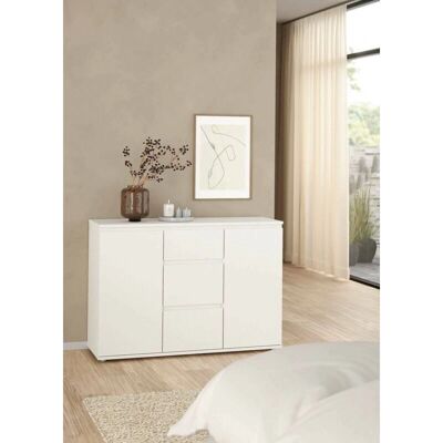 Credenza Bianca Dmora - Spazio di stoccaggio in laminato con ante e cassetti Credenza Bianca Dmora - Spazio di stoccaggio in laminato con ante e cassetti