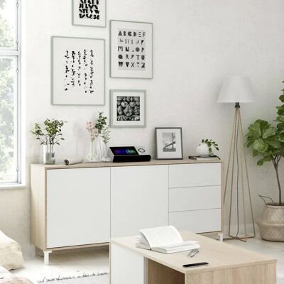 DMORA Concord Sideboard - Modern 2-türig 3-Schubladen Eiche & Weiß DMORA Concord Sideboard - Modern 2-türig 3-Schubladen Eiche & Weiß