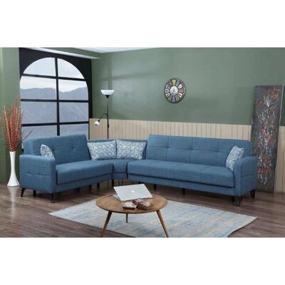 DMORA Blaues Schlafsofa Modell Dlorin - Rechtes Ecksofa mit Kissen DMORA Blaues Schlafsofa Modell Dlorin - Rechtes Ecksofa mit Kissen