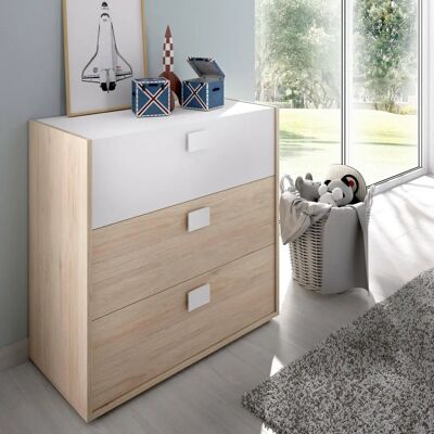 DMORA Sella Commode - 3 Tiroirs - 80x43cm - Blanc et Chêne - Mobilier de chambre - Publicité DMORA Sella Commode - 3 Tiroirs - 80x43cm - Blanc et Chêne - Mobilier de chambre - Publicité