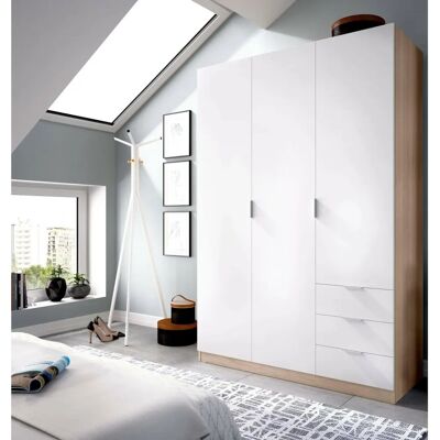 Armario Cimone - 3 Puertas, 3 Cajones, Blanco y Roble, 121x52x184 cm Armario Cimone - 3 Puertas, 3 Cajones, Blanco y Roble, 121x52x184 cm