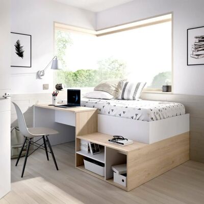 DMORA Kinderbett-Set mit Schreibtisch und Regalen - Multifunktional Weiß und Eiche DMORA Kinderbett-Set mit Schreibtisch und Regalen - Multifunktional Weiß und Eiche