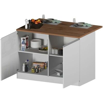 DMORA - Isla Daffaticat - Blanco brillo y roble - 125x90h90 cm - Isla de cocina DMORA - Isla Daffaticat - Blanco brillo y roble - 125x90h90 cm - Isla de cocina