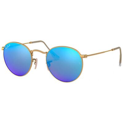 Ray-Ban Rond Flash RB3447 - 112/4L (or mat/bleu flash polarisé) - Publicité Ray-Ban Rond Flash RB3447 - 112/4L (or mat/bleu flash polarisé) - Publicité