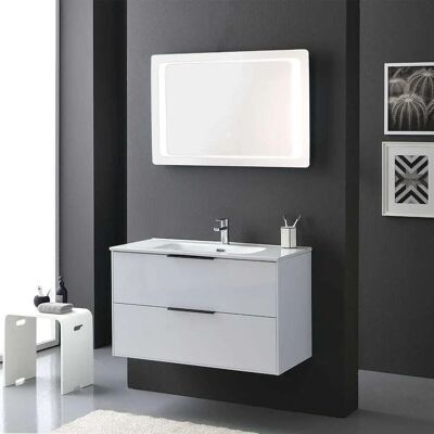 Kiamami Valentina - Wandbadschrank 90cm Weiß - Schwarze Griff & LED-Spiegel Kiamami Valentina - Wandbadschrank 90cm Weiß - Schwarze Griff & LED-Spiegel