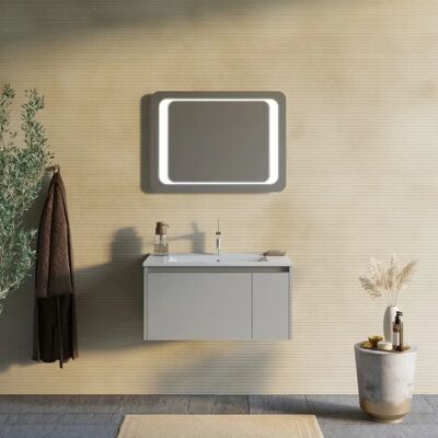 Kiamami Valentina - Wandhängendes Badezimmermöbel 80cm Sand Matt mit Spiegel 80x60 LED Monaco - Beige Kiamami Valentina - Wandhängendes Badezimmermöbel 80cm Sand Matt mit Spiegel 80x60 LED Monaco - Beige