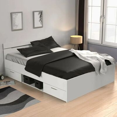 DMORA Bett mit Stauraum - Modernes Platzsparendes Bettgestell - Weiß DMORA Bett mit Stauraum - Modernes Platzsparendes Bettgestell - Weiß