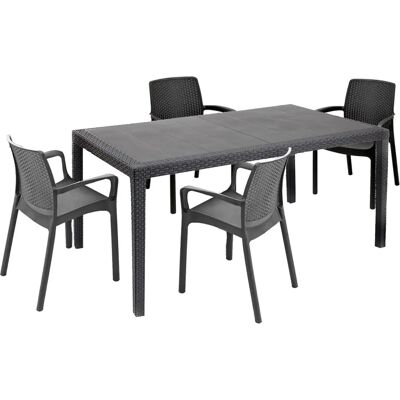 Set salotto da esterno DMORA - Tavolo rettangolare & 4 sedie impilabili Set salotto da esterno DMORA - Tavolo rettangolare & 4 sedie impilabili