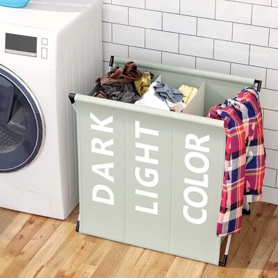 BAKAJI - Laundry Basket 3 Compartments Foldable Metal Fabric Gray - Laundry Basket BAKAJI - Laundry Basket 3 Compartments Foldable Metal Fabric Gray - Laundry Basket