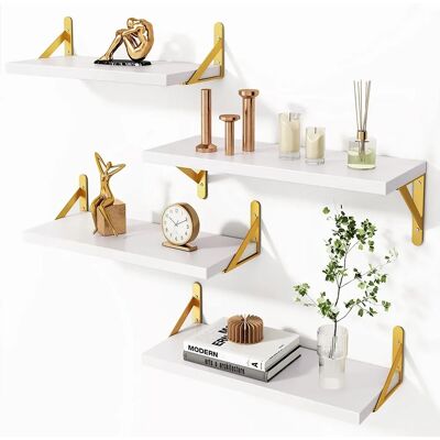 Ensemble de 4 Étagères MDF Blanches avec Supports Dorés - Rangement Murale - Publicité Ensemble de 4 Étagères MDF Blanches avec Supports Dorés - Rangement Murale - Publicité