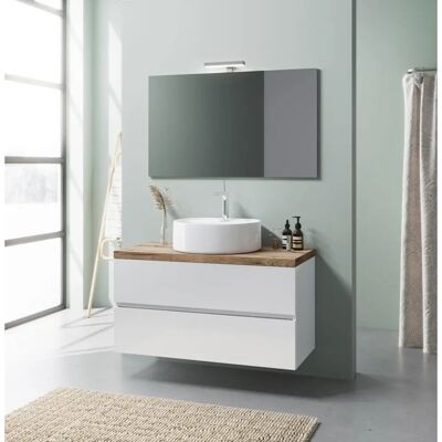 Meubles de salle de bain suspendus Kiamami Valentina - Blanc, Planche en chêne, Lavabo en céramique - 100cm - Publicité Meubles de salle de bain suspendus Kiamami Valentina - Blanc, Planche en chêne, Lavabo en céramique - 100cm - Publicité
