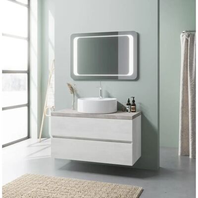 Kiamami Valentina - Meuble de salle de bain suspendu 100cm chêne clair béton lavabo miroir - Publicité Kiamami Valentina - Meuble de salle de bain suspendu 100cm chêne clair béton lavabo miroir - Publicité
