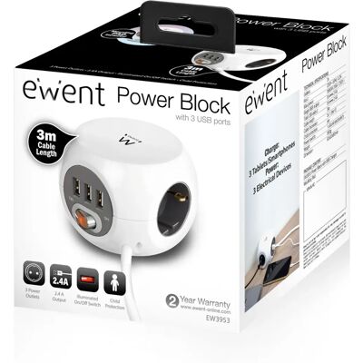 Extensão elétrica Ewent EW3953 3 m 3 tomadas USB Extensão elétrica Ewent EW3953 3 m 3 tomadas USB