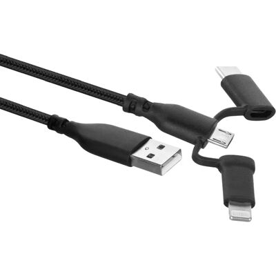Cabo USB Nylon 3 em 1 Ewent EW1376 - 1m - Micro USB, Lightning, USB-C - Preto Cabo USB Nylon 3 em 1 Ewent EW1376 - 1m - Micro USB, Lightning, USB-C - Preto