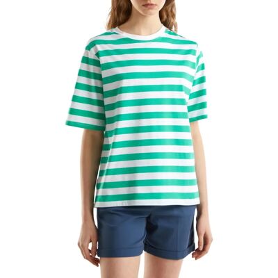 Benetton XS Verde Ottanio Gestreepte Comfort Fit T-shirt - Vrouw Benetton XS Verde Ottanio Gestreepte Comfort Fit T-shirt - Vrouw
