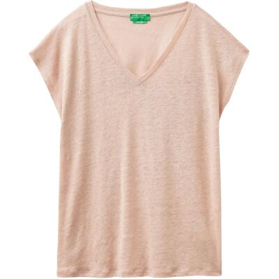Benetton XL T-shirt en lin rose à col en V - Femme Benetton XL T-shirt en lin rose à col en V - Femme