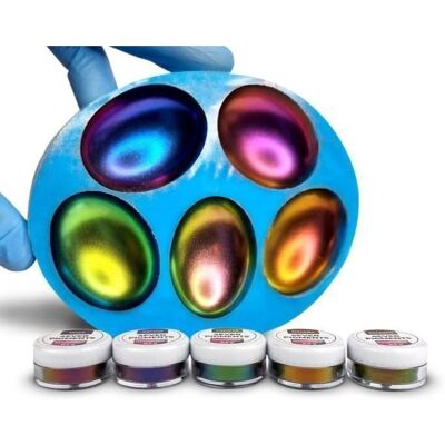 RESCHIMICA - Ensemble de Pigments en Poudre Caméléon - Compte 5 - Fini irisé - Compatible résines - Publicité RESCHIMICA - Ensemble de Pigments en Poudre Caméléon - Compte 5 - Fini irisé - Compatible résines - Publicité