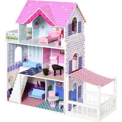 Casa delle Bambole in Legno Rosa Homcom con Accessori - Per Bambini 3+ Casa delle Bambole in Legno Rosa Homcom con Accessori - Per Bambini 3+