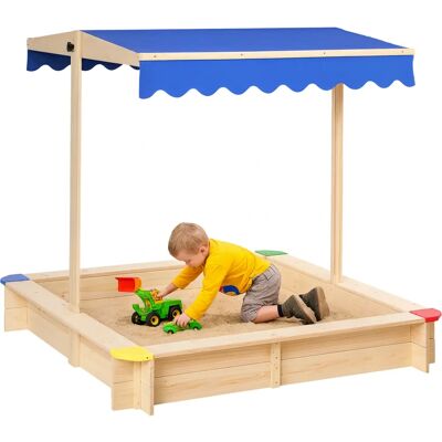 Outsunny - Sandbox in legno 120x120 - Legno naturale - Cappuccio blu - Sandbox Outsunny - Sandbox in legno 120x120 - Legno naturale - Cappuccio blu - Sandbox