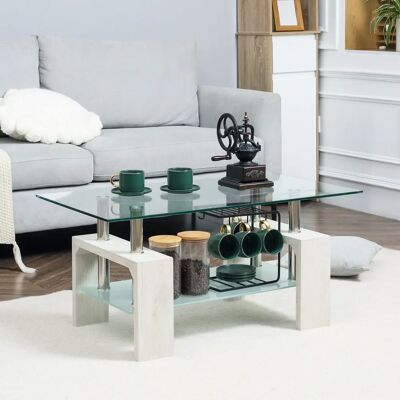 HOMCOM Weißer Moderner Couchtisch - 2 Ebenen Glas & Holz - 90x50x42cm HOMCOM Weißer Moderner Couchtisch - 2 Ebenen Glas & Holz - 90x50x42cm