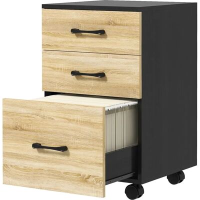 Homcom Armoire à tiroirs de bureau - 3 tiroirs, Barres réglables, Roues, Noir & Chêne - Publicité Homcom Armoire à tiroirs de bureau - 3 tiroirs, Barres réglables, Roues, Noir & Chêne - Publicité