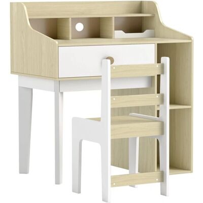 Set Scrivania e Sedia per Bambini AIYAPLAY - Bianco e Legno - 3-10 Anni Set Scrivania e Sedia per Bambini AIYAPLAY - Bianco e Legno - 3-10 Anni