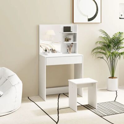 Tavolo da Trucco HOMCOM con Specchio & Sgabello - Bianco - 75x40x137cm Tavolo da Trucco HOMCOM con Specchio & Sgabello - Bianco - 75x40x137cm