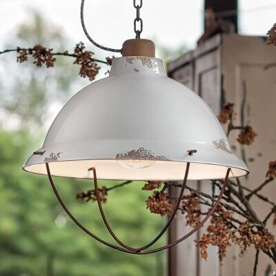 FERROLUCE Vintage Weiße Keramik Pendelleuchte mit Industrie-Gitter FERROLUCE Vintage Weiße Keramik Pendelleuchte mit Industrie-Gitter