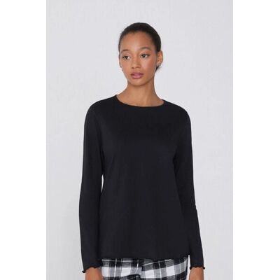 Maglietta a manica lunga in cotone con orlo a conchiglia - Donna Nera L Maglietta a manica lunga in cotone con orlo a conchiglia - Donna Nera L