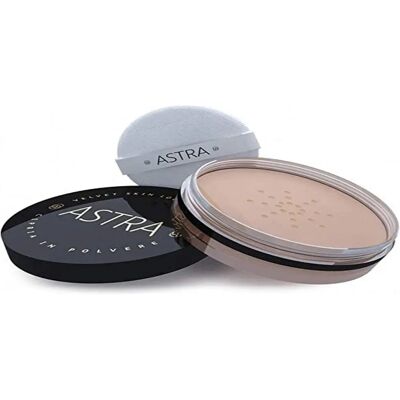 Astra Make-up Velvet Skin Poudre Libre - Sunset - Couvrance Légère - Publicité Astra Make-up Velvet Skin Poudre Libre - Sunset - Couvrance Légère - Publicité