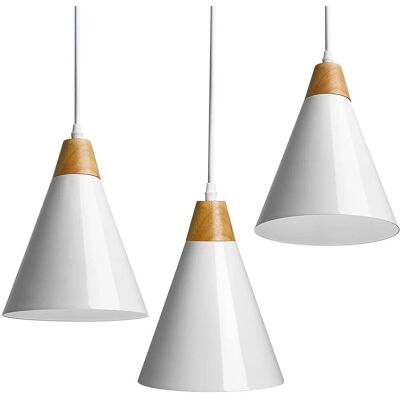 Conjunto de 3 Lámparas Colgantes Modernas Bakaji - Metal y Madera, Blanco Conjunto de 3 Lámparas Colgantes Modernas Bakaji - Metal y Madera, Blanco