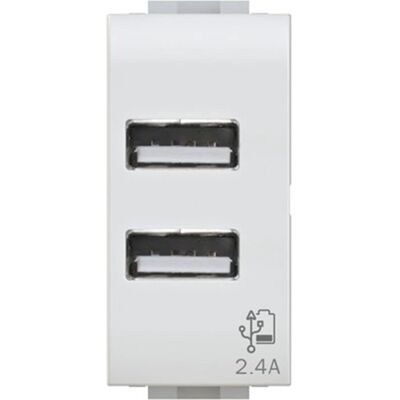 Chargeur USB Double Bticino - 2.4A, Blanc, 1 Module - Prise électrique Chargeur USB Double Bticino - 2.4A, Blanc, 1 Module - Prise électrique