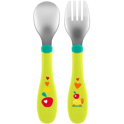 Set de Couverts Bébé en Acier Inoxydable Chicco - 18M+ - Vert - Publicité Set de Couverts Bébé en Acier Inoxydable Chicco - 18M+ - Vert - Publicité