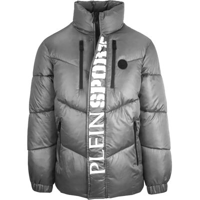 Plein Sport Grey Padded Jacket - Bold Vertical Logo - Size M Plein Sport Grey Padded Jacket - Bold Vertical Logo - Size M