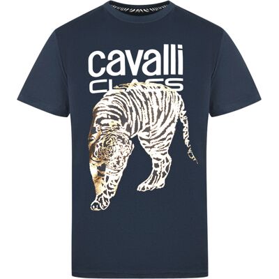 Roberto Cavalli heren Cavalli Class groot goud tijger stencil logo navy T-shirt - Maat: 42/Regular Roberto Cavalli heren Cavalli Class groot goud tijger stencil logo navy T-shirt - Maat: 42/Regular