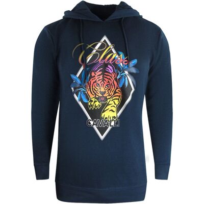 Cavalli Class Diamond Tiger Navy Blue Hoodie - Regular Fit Cavalli Class Diamond Tiger Navy Blue Hoodie - Regular Fit