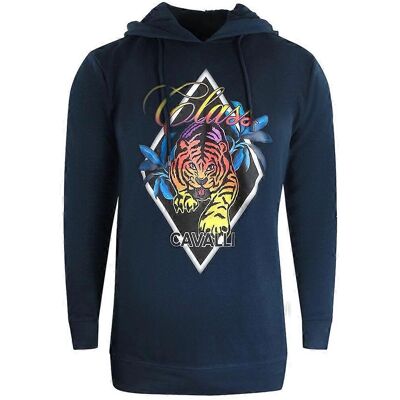 Cavalli Class Diamond Tiger Navy Blue Hoodie - Regular Fit Cavalli Class Diamond Tiger Navy Blue Hoodie - Regular Fit