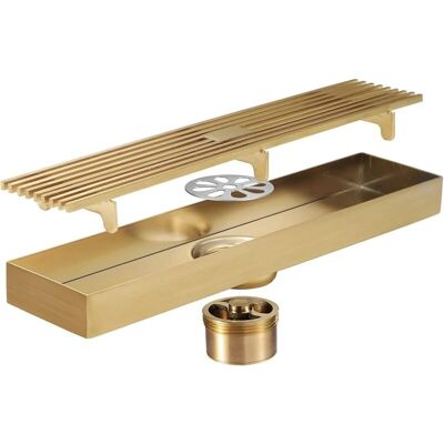 Aiperq - Brushed Gold Shower Drain - 300x68mm, Anti-Odor, Stainless Steel Aiperq - Brushed Gold Shower Drain - 300x68mm, Anti-Odor, Stainless Steel