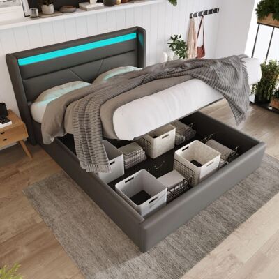 REDOM - Letto idraulico 160x200 LED - Grigio - Letto REDOM - Letto idraulico 160x200 LED - Grigio - Letto