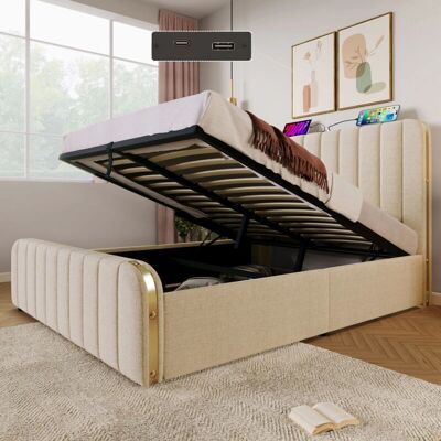 OKWISH - Letto imbottito 140x200 - Linen beige - USB-C cabecero - Bed OKWISH - Letto imbottito 140x200 - Linen beige - USB-C cabecero - Bed