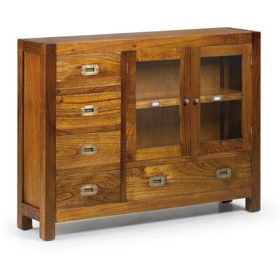Consola MOYCOR de madera de mindi - Cinco cajones, puertas de cristal Consola MOYCOR de madera de mindi - Cinco cajones, puertas de cristal
