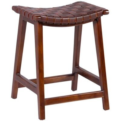 Taburete de teca MOYCOR - Tejido en cuero, Asiento curvado, Sin montaje Taburete de teca MOYCOR - Tejido en cuero, Asiento curvado, Sin montaje