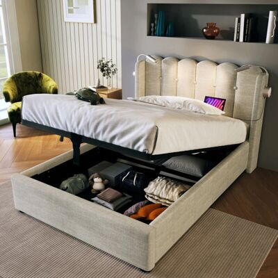 WISHDOR - Letto singolo contenitore - Beige - 90x200 cm - Cama WISHDOR - Letto singolo contenitore - Beige - 90x200 cm - Cama