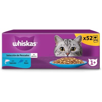 Nourriture Humide pour Chats Adultes WHISKAS - Poissons en Gelée, 52 x 85g - Publicité Nourriture Humide pour Chats Adultes WHISKAS - Poissons en Gelée, 52 x 85g - Publicité