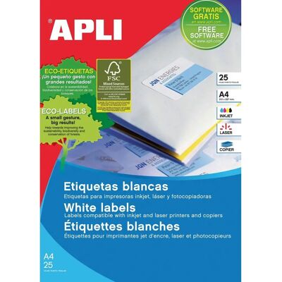 Apli - 1212 - Vita Etikettark för Bläckjet, Laser och Fotokopiering Apli - 1212 - Vita Etikettark för Bläckjet, Laser och Fotokopiering