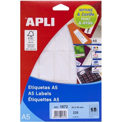 Étiquettes Auto-adhésives Blanches APLI - 15 Feuilles A5 26x54 mm Étiquettes Auto-adhésives Blanches APLI - 15 Feuilles A5 26x54 mm