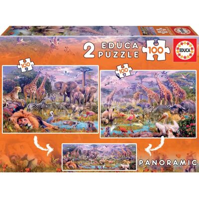 Educa Borras Panorama Dierenwereld Puzzel - 2x100 stuks Educa Borras Panorama Dierenwereld Puzzel - 2x100 stuks