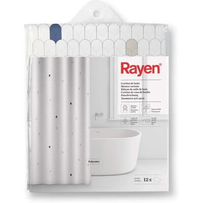 Rayen Duschvorhang - Wasserdichtes Polyester, 12 Haken, Weiß mit blauen Zellen Rayen Duschvorhang - Wasserdichtes Polyester, 12 Haken, Weiß mit blauen Zellen